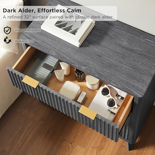 Image of T4TREAM Fluted 3 Drawer Dresser, 32 inch Tall Modern Chest of Drawers, Curved Profile Design, Wood Drawer Organizer for Bedroom, Living Room, Hallway, Entryway, Dark Alder