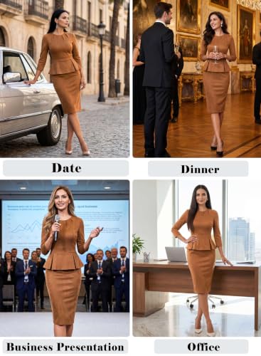 Image of VFSHOW Womens Pleated Crew Neck Peplum Slim Work Business Bodycon Dress | 3 /4 Sleeves, Professional Elegant Church, Funeral, Spring Fall, Fitted Office Pencil Sheath Dress