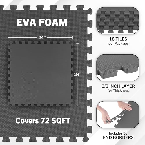 Image of EVA Foam Mat Tiles 18-Pack - 72 SQ FT of Interlocking Padding for Garage, Playroom, or Gym Flooring - Exercise Mat or Baby Playmat by Stalwart (Gray)