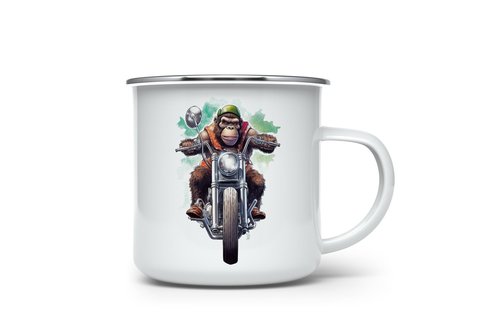 MAXIKIWI - Durable Enamel Coffee or Tea Camping Mug for Indoor Outdoor Use - Monkey Riding Motorbike - 350ml