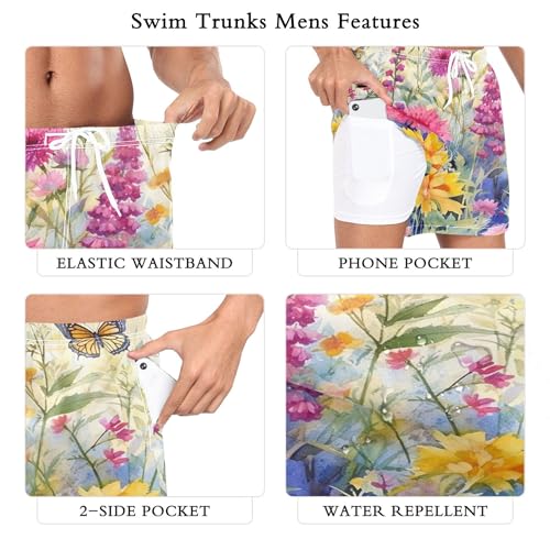 xigua Wildflowers and Butterflies Mens Swim Trunks with Liner, 5 inch Quick Dry Mens Boardshorts for Beach3
