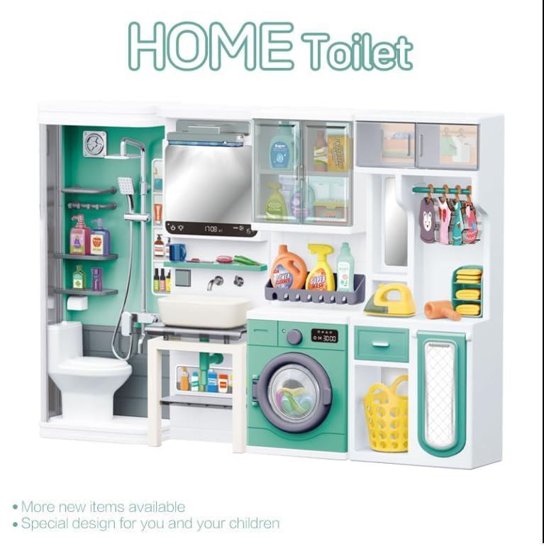 Daji 4-in-1 Bathroom & Laundry Room Toy Set - Mini Washing Machine, Shower, Toilet & Cleaning Accessories for Kids | Realistic Pretend Play Home Set (Multicolor)(4door) 3