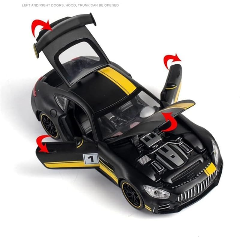 Image of Kids Model 1:24 Benz AMG GTR Die Cast Metal Car Pull Back Action Opening Doors with Realistic Engine Sound Lights Toy Car Gift for Boys - Yellow