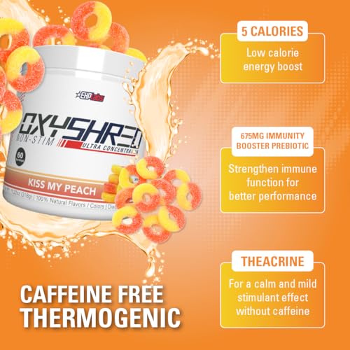 Image of EHP Labs OxyShred Non Stimulant Pre Workout Powder - Stim Free Pre Workout, Caffeine Free Preworkout for Men & Women with L Glutamine & Acetyl L Carnitine - Peach, 60 Servings