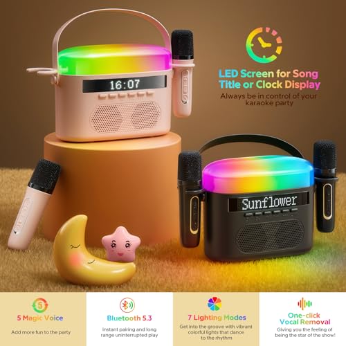 Karaoke Machine for Kids & Adults with 2 Wireless Mics 2400mAh Portable Bluetooth Karaoke Speaker with Timer White Noise & Night Light High Power Dual Speaker LED Display Home & Outdoor Party - Black