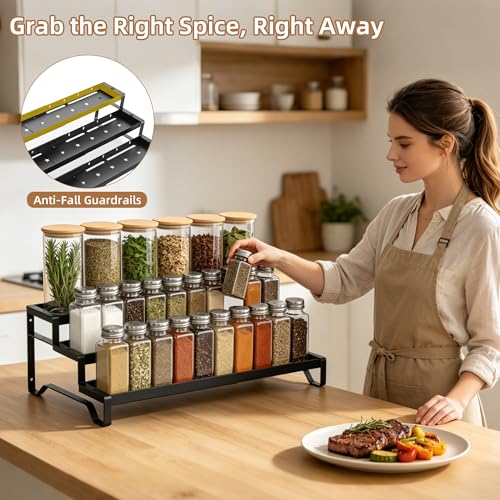 Expandable-Spice-Rack-Organizer-for-Cabinet-3-Tier-Spicy-Shelf-Black-1Pack-Adjustable-Length-13-21-Easy-to-See-Labels-Sturdy-Metal-Slip-Resistant-Guardrails-for-Jars-Cabinet-Countertop-Storage