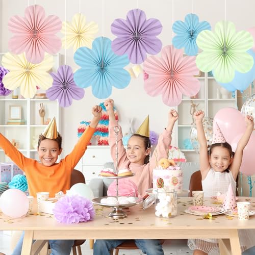 Image of Justforjoyful 9PCS Pastel Paper Flowers Decorations Pastel Paper Fans Floral Backdrop Decor 3D Tissue Flowers Decorations for Classroom Wall Room Bulletin Board Birthday Supplies