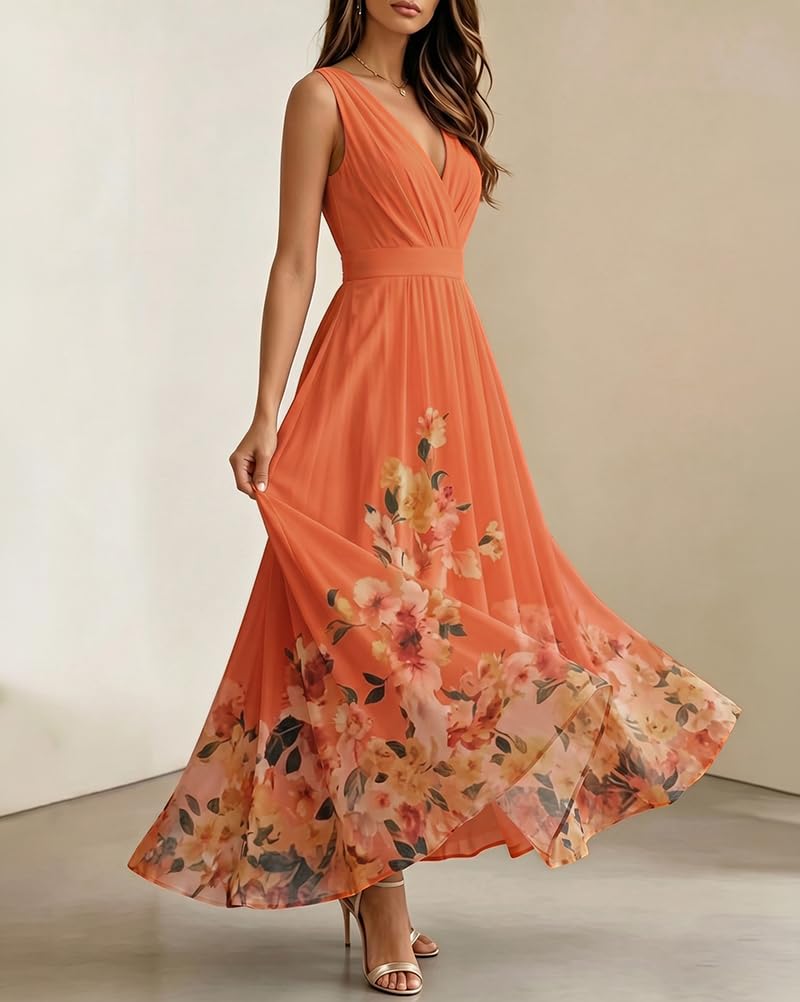 shownicer Robe Femme Chic Et Elegant Col en V sans Manche Robe Longue Imprimé Fleurs Robes De Ceremonie Printemps Été