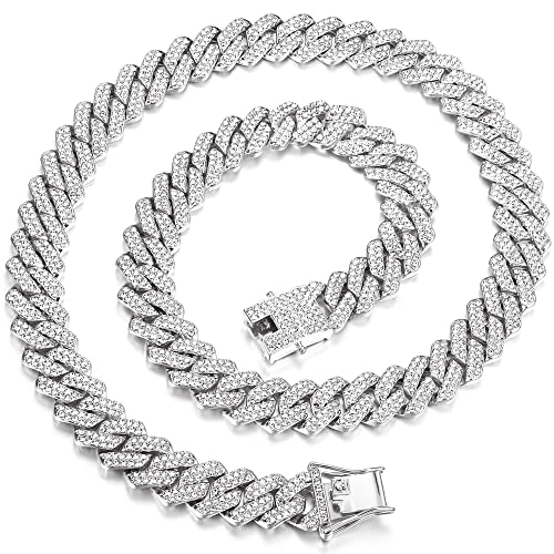 KRFY Collar Cadena de Eslabones Cubanos para Hombres 13mm Cuban Link Collar Oro Plata Chapado Collares Cadena Diamante Cadena Bling Bling Hip Hop Joyería Regalo para Niños