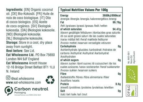 Eat Wholesome Organic Virgin Coconut Oil, 500 ml | Bio kokosöl | Zum Kochen | Backen | Für die hautfeuchtigkeitspflege | Haarspülung