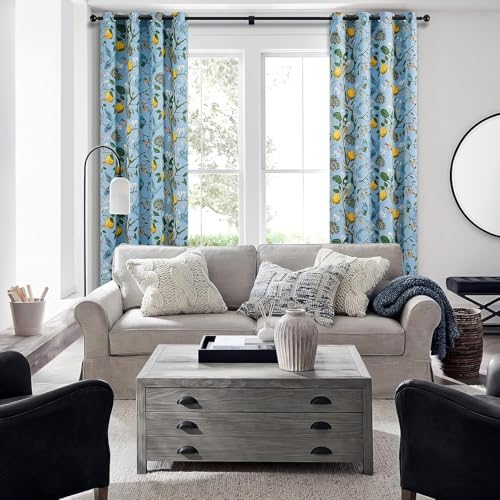 Image of BFAM Floral Print 100% Blackout Curtain with Black Linning at Back,Spa Blue Bird Print Curtains for Living Room /Bedroom Thermal Insulated Energey Saving 8 Feet Pack of 1 Curtain