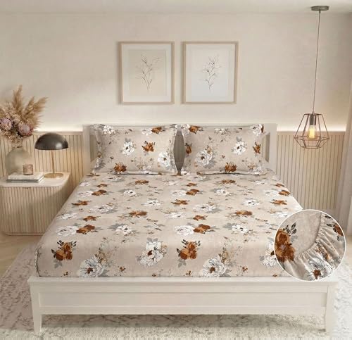 Image of BSB HOME 210 TC Cotton Double Bedsheet with 2 Pillow Covers, Soft Breathable Fabric, Elastic Fitted Sheet, Wrinkle Resistant, Deep Pocket Fit - 78 x 72 + 10 Inches (Sandy Beige)