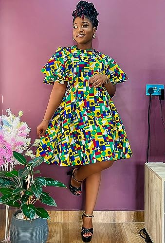 Image of Womens African Vintage Ruffle Trim Sleeve Ankara Tunic Swing Dress