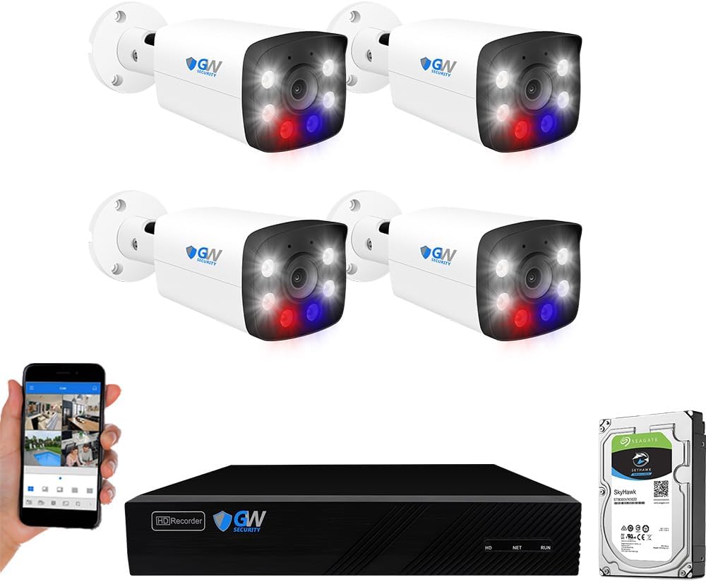 8 Channel 4K NVR H.265 8MP Fulltime Color Night Vision Security Camera System with 4 UltraHD 4K IP Two-Way Audio Outdoor PoE Security Cameras, Smart AI Human Detection