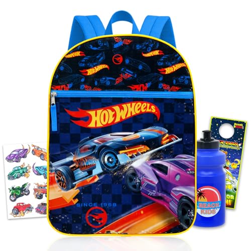 Hot Wheels Mochila para meninos – Pacote com mochila de carro de corrida de 40,6 cm e tatuagens temporárias, garrafa de água, mais | Conjunto de mochila escolar Hot Wheels para crianças