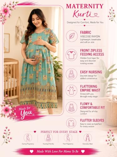 Image of RITIJYA Zipless Feeding Kurta Dress for Women | Maternity Nursing Kurti, No-Zip Easy Access | Extra Pleats Pre to Post Pregnancy | Quick-Dry Fabric | S-4XL
