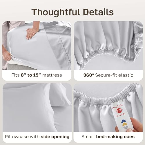 Image of California Design Den Twin XL Bed Sheets Set - Luxury 600 Thread Count Sateen, Natural 100% Cotton Bedding Sheets & Pillowcases, Durable Fully Elasticized Deep Pocket Set for Dorm Room - Light Silver