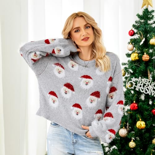 Image of Women's Christmas Top Long Sleeve Round Neck Santa Claus Knitted Sweater Pullover Top
