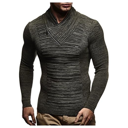 Leif Nelson Herr stickad tröja halsduk krage slim fit vinter sommar modern herr tröja långärmad t-shirt med krage herr hoodie långärmad i svart LN1535, kaki, XXL