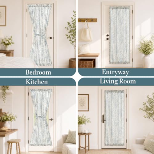 Image of jinchan Alice Floral French Door Curtain Farmhouse Linen for Sliding Glass Door 72 Inches 1 Panel with Tieback Light Filtering Curtain for Window Patio Rod Pocket Blue on Linen