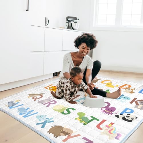 Image of Beavtaens Baby Play Mat, 50x50 Playpen Mat with Super Soft Touch, Activity Mat with Upgraded Anti-Slip Bottom, Machine Washable Crawling Mat for Floor & Picnic (Animal Alphabets)