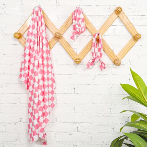 Image of TANOFAR 4-Pack Newborn Swaddle Blanket for Baby Girls & Boys, Ultra Soft Receiving Blankets with Matching Headband and Beanie Set Baby Nursery Swaddle Wrap, Pink Checkerboard