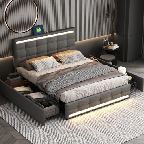Cama Doble Tapizada 140x200 cm con Luces LED y Estación de Carga Incorporada, 4 Cajones Amplios para Almacenamiento, de Montaje Sencillo y Alta Capacidad de Carga, Dormitorios.