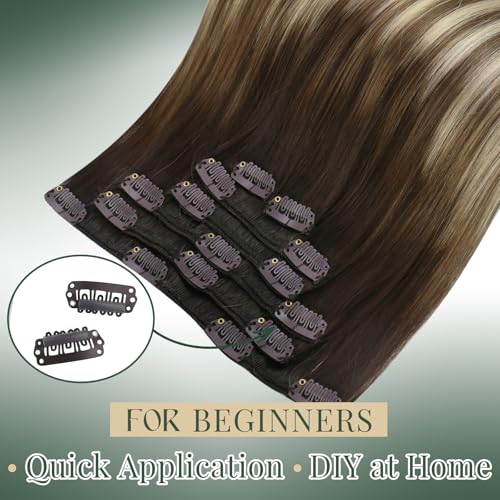 Image of Ugeat Hair Extensions Real Human Hair Clip ins Balayage 20 Inch 7pcs 120g | Clip in Extensions Real Human Hair , Chocolate Brown Balayage Bleach Blonde , Easy Application
