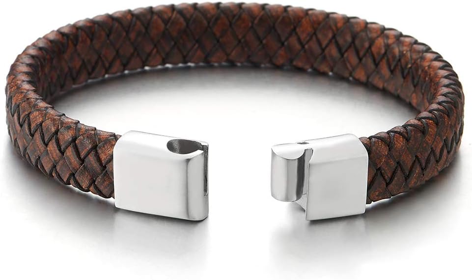 COOLSTEELANDBEYOND Men's Brown Braided Leather Bracelet With Stainless Steel Clasp, Round Woven Wristband, Minimalist Everyday Jewelry Gift - Image 4