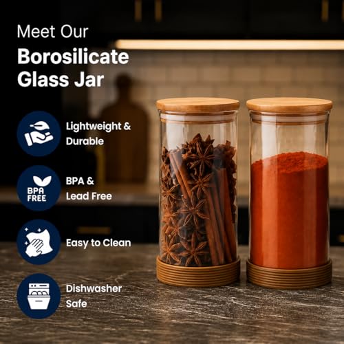 Image of Femora Borosilicate Glass Jars with Bamboo Lid I 1000ml Each-Pack of 4 | Transparent Airtight Borosilicate Kitchen Containers Set | Glass Jars for Cookies Snacks Pulses Dry Fruits Nuts
