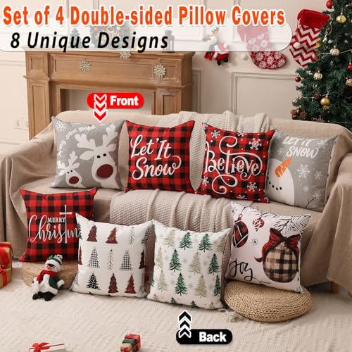 Double-Sided Print Christmas Pillow Covers 16"x16" Set of 4, 8 Cute Christmas Patterns, Tree, Reindeer, Snowman, Joy, Let It Snow, Believe Etc, Perfect for Home Decor