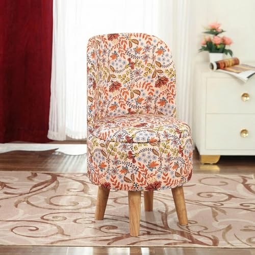 Image of NACIA Elegant Velvet Printed Ottoman Chair | Dressing Table Chair for Bedroom Makeup Room Decor | Modern Upholstered Ottoman with Wooden Legs for Living Room & Home (18x18x32 Inches, Baby Pink Leaf)