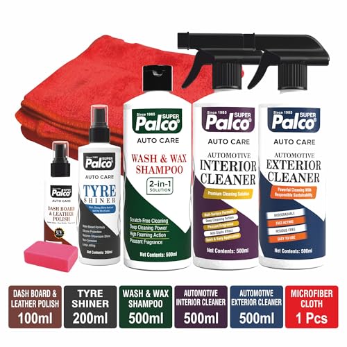 Image of PALCO Dashboard & Leather Car Polish 100ml, Wash and Wax Car Shampoo 500ml, Exterior & Interior Cleaner 500ml Each, Tyre Shinner 200ml, Available Microfiber Cleaning Cloth, Car Cleaning Kit
