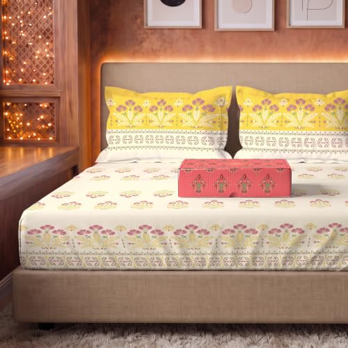 Image of Urban Space Festive Gifting Set- 100% Cotton Bedsheet for Double Bed, Floral Bed Sheet with 2 Pillow Covers Gift Set in Gift Box, 88 inch x 100 inch, Malhaar Mustard | Diwali, Festive & Housewarming Gift
