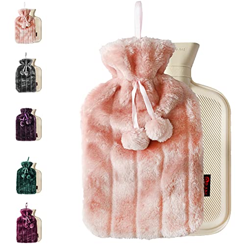 Ram Large Cosy 2L Litre Rubber Hot Water Bottle with Faux Fluffy Cover Pink