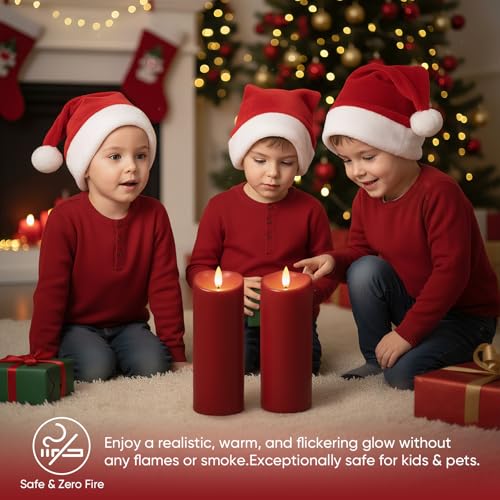 Image of Raycare 6 inchx3 inch Outdoor Waterproof Flameless Candles with Remote and Timer, Battery Operated LED Electric Fake Pillar Candle for Valentine's Day, Home, Wedding Decor, Red, Set of 2
