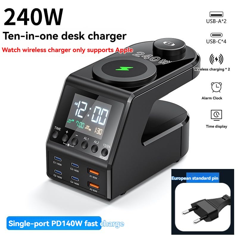 Estación de carga de escritorio multifuncional de pantalla digital de 240 W con 6 puertos USB y cargador inalámbrico de carga rápida PD de 140 W