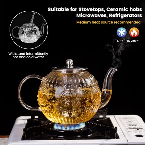 Image of Amzcku 50OZ /1500ml Vintage Glass Teapot with Removable Infuser - Stovetop Safe, Borosilicate Glass Tea Kettle for Blooming & Loose Leaf Tea