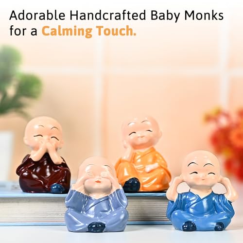 Image of HindCraft Mini Monk Figurines Set of 4 - See No Evil, Hear No Evil, Speak No Evil, Think No Evil Statues - Cute Ceramic Monk Ornaments for Home, Office, Meditation Festive Decor