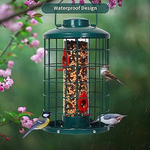 Mosloly Caged Bird Feeder For Wild Birds Outside, Large Bird Feeder Squirrel-Proof Heavy-Duty Metal Hanging Tube Bird Feeder, 4 Feeding Ports, 13.2'' High, 3Lb Seed Capacity (Green) #TOP2