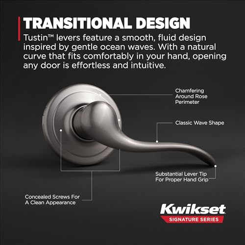 Image of Kwikset Tustin Interior Passage Door Handle, Lever For Closet and Hallway Doors, Reversible Non-Locking Handle Lever, Satin Nickel, with Microban Protection