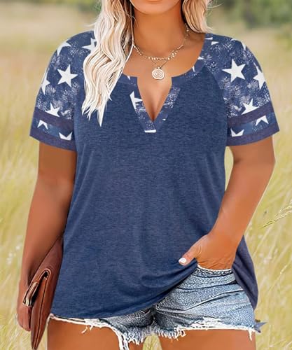 Image of CARCOS Plus Size Tops for Women Short Sleeve Summer Pullover Color Block Crewneck /V Neck Tee Tunic Loose Fit Tshirts XL-5XL