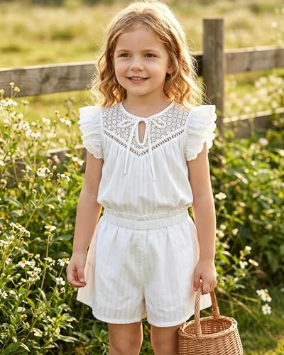 Image of Girls 2 Piece Summer Outfit Cotton Ruffle Sleeve Top Gingham Plaid Shorts Casual Clothes Short Sets Size 5-10