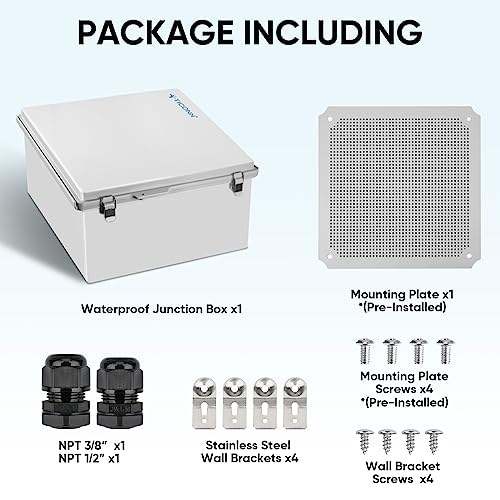 Image of TICONN Outdoor Electrical Box Waterproof, Junction Box IP67 ABS Plastic Enclosure with Hinged Cover with Mounting Plate, Wall Brackets, Cable Glands (Off-White, 11.8 inchx11.8 inchx7.1 inch)