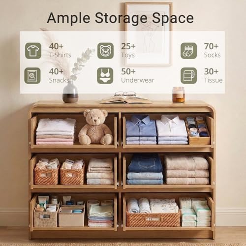 Image of FURSUN Fluted 6 Drawers Dresser for Bedroom, 54 inch Wide Wooden Dresser with Metal Handle, Curved Profile Design, Modern Storage Organizer for Bedroom, Living Room, Hallway, Natural Oak