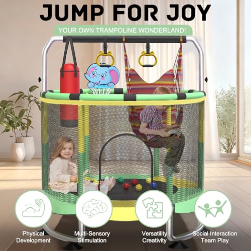 Image of Yozoia 60 inch Toddler Trampoline, Indoor Trampoline for Kids with Safety Enclosure, 440LBS Support, Adjustable Gymnastics Bar & Toys for Boys Girls