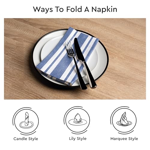 Image of Encasa XO Dining Table Napkins Set of 6, 50x50 cm | Machine Washable Reusable, Recycled Cotton Cloth Napkin, Soft & Absorbent, Table Decor for Hotels, Farmhouse - White & Franca Blue Stripes