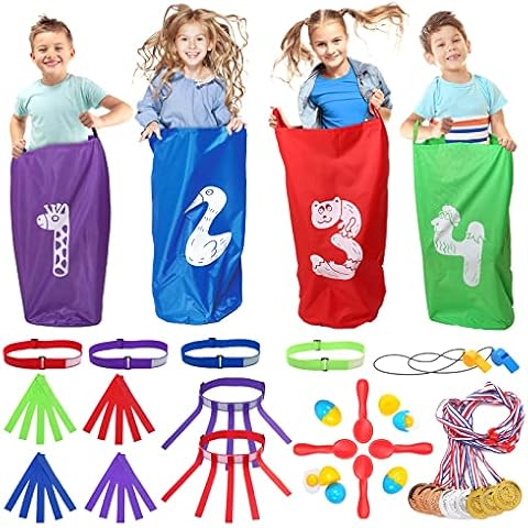 Skirfy 47PCS Carnival Games Potato Sack Race Bags for Adult and Kids, Egg Spoon Race Game, 3-Legged Race Bands Outdoor Birthday Christmas Party Games for Family Lawn Yard Field Day Games Cover
