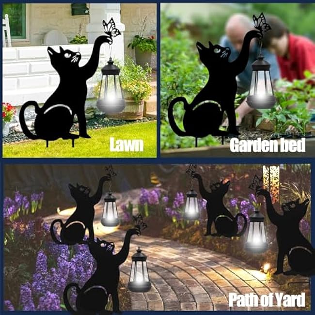 Black Cat Halloween Decorations Outdoor - Solar Lights Outdoor Garden Decor Stake with Butterfly Decorative Metal Housewarming Ornament for Yard Pathway Lawn Patio ¨C Unique Gift Ideas for Christmas