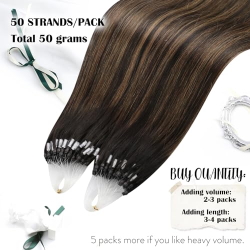 Moresoo Micro Loop Hair Extensions Real Human Hair 24 Inch Balayage Darkest Brown and Chestnut Brown Invisible Micro Beads Hair Extensions 1g/s 50g/Pack #2/6/2 - Image 2
